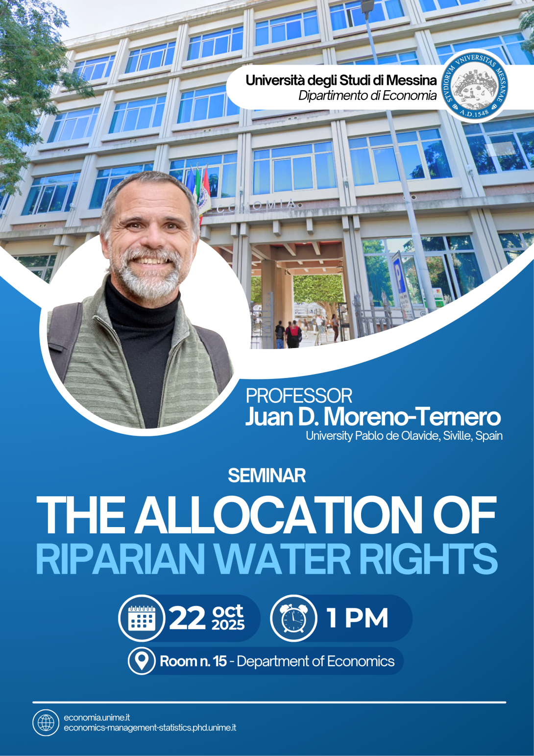 Locandina Seminario Prof. Juan D. Moreno-Ternero - "The Allocation of Riparian Water Rights"